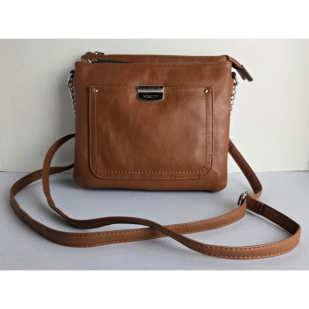 Rosetti Cognac Brown Faux Leather Triple Compartment Crossbody Bag Purse